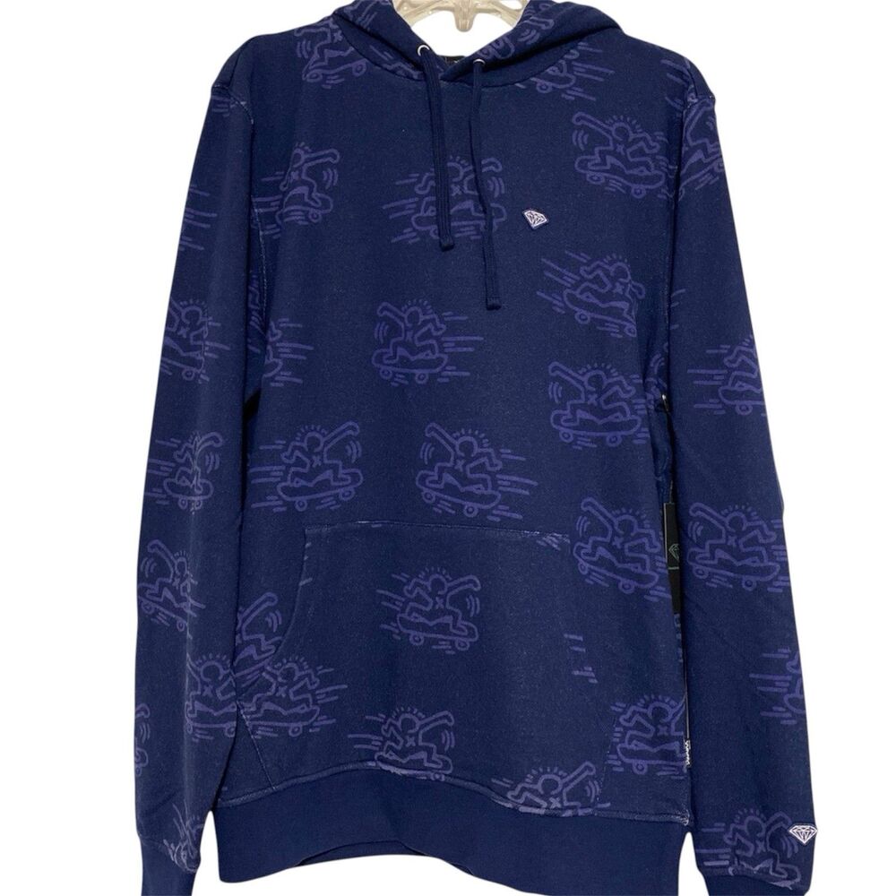 NWT Diamond Supply Co x Keith Haring Hoodie Navy Blue Skate AOP Sweatshirt Men M